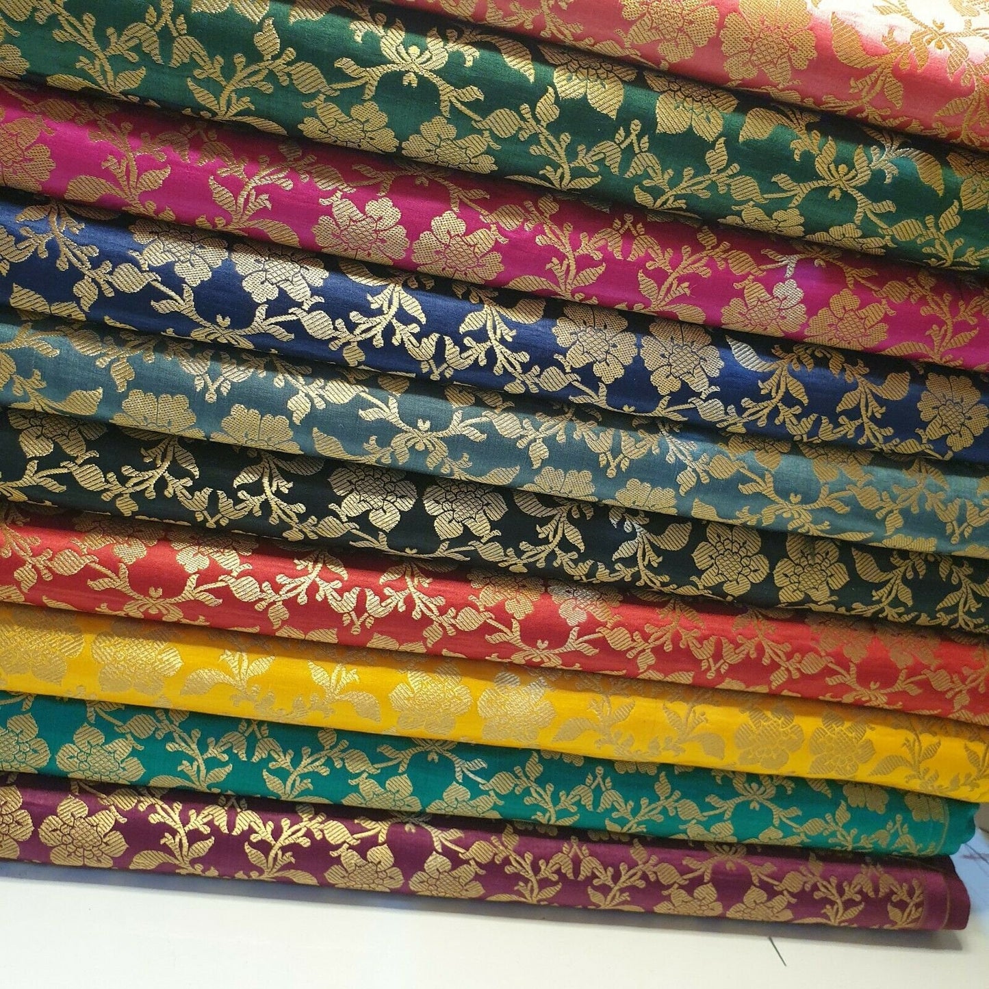 Indian Banarasi Brocade Fabric – Ornamental Floral Gold Metallic Print, 44" Wide