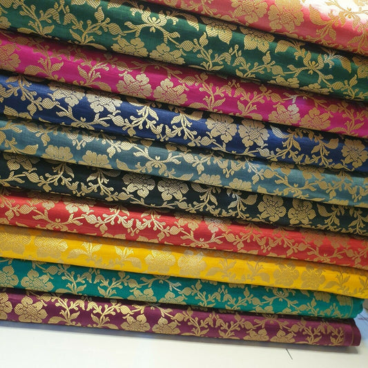 Indian Banarasi Brocade Fabric – Ornamental Floral Gold Metallic Print, 44" Wide