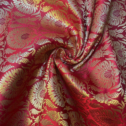Indian Banarasi Brocade Fabric – Ornamental Floral & Peacock Gold Metallic Design, 44" Wide