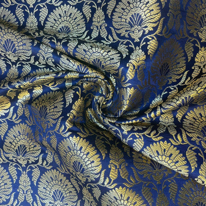 Indian Banarasi Brocade Fabric – Ornamental Floral & Peacock Gold Metallic Design, 44" Wide