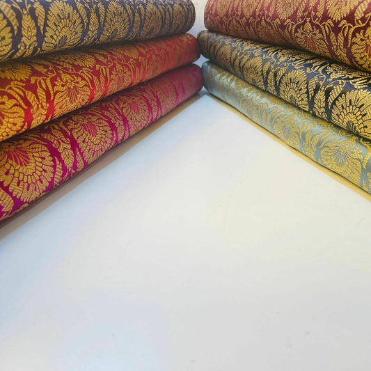Indian Banarasi Brocade Fabric – Ornamental Floral & Peacock Gold Metallic Design, 44" Wide