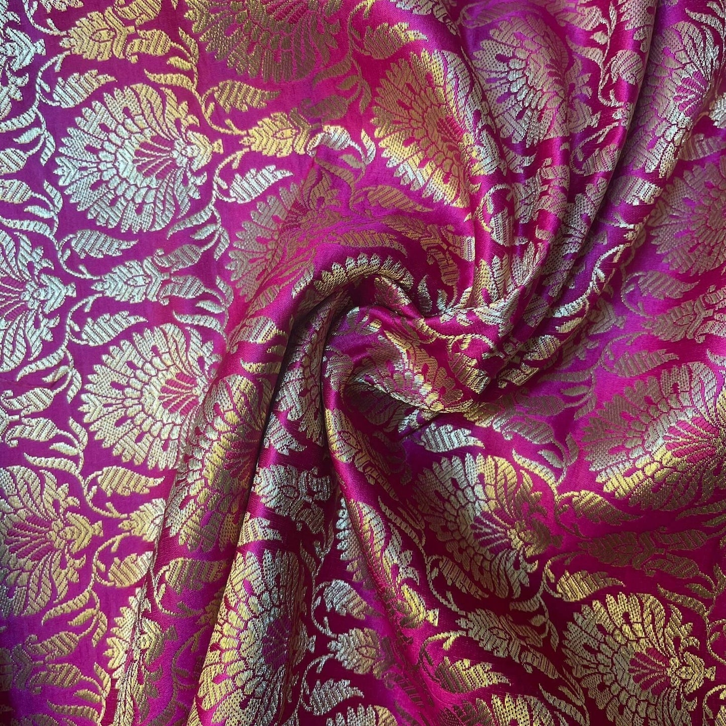 Indian Banarasi Brocade Fabric – Ornamental Floral & Peacock Gold Metallic Design, 44" Wide