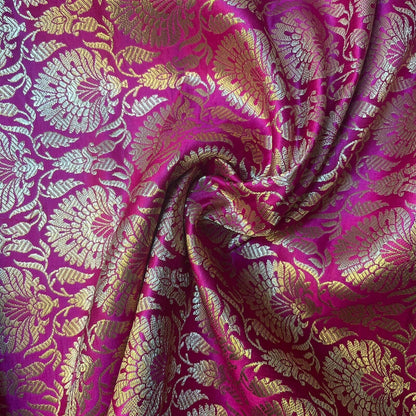 Indian Banarasi Brocade Fabric – Ornamental Floral & Peacock Gold Metallic Design, 44" Wide