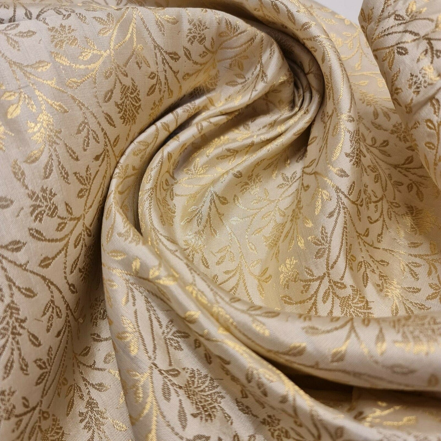 Floral Gold Metallic Indian Banaras Brocade Waistcoat, Dress & Curtain Fabric 44" Wide