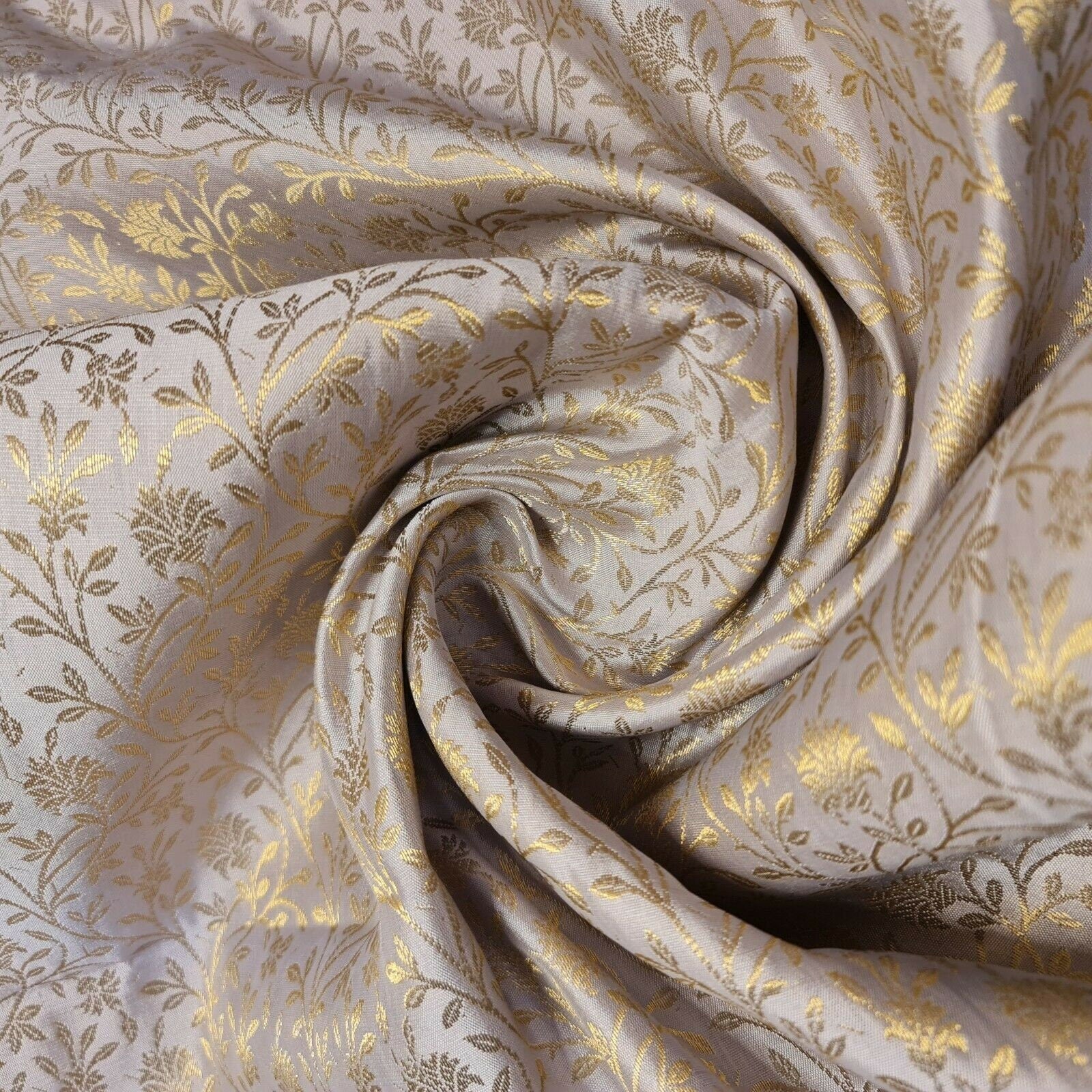 Floral Gold Metallic Indian Banaras Brocade Waistcoat, Dress & Curtain Fabric 44