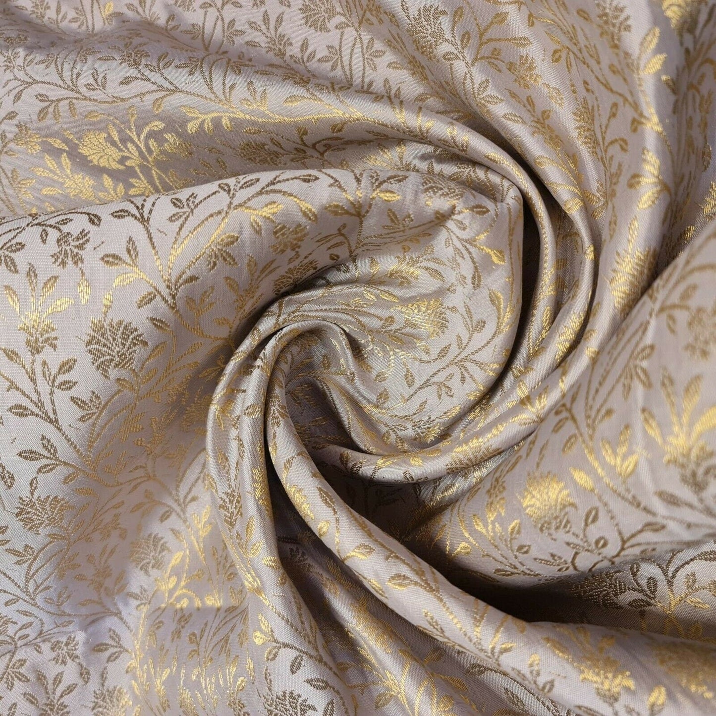 Floral Gold Metallic Indian Banaras Brocade Waistcoat, Dress & Curtain Fabric 44" Wide