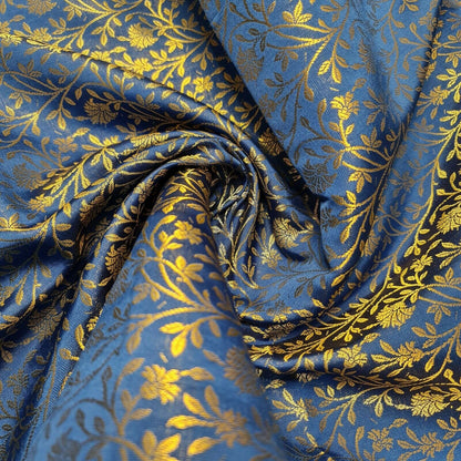 Floral Gold Metallic Indian Banaras Brocade Waistcoat, Dress & Curtain Fabric 44" Wide
