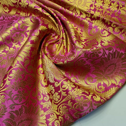Floral Gold Leaf Damask Banarasi Brocade Fabric – Ornamental Metallic Indian Jacquard 44" Wide