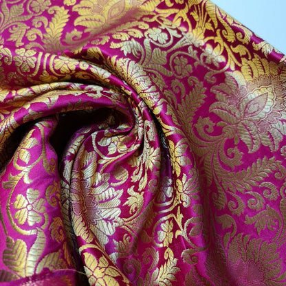 Floral Gold Leaf Damask Banarasi Brocade Fabric – Ornamental Metallic Indian Jacquard 44" Wide