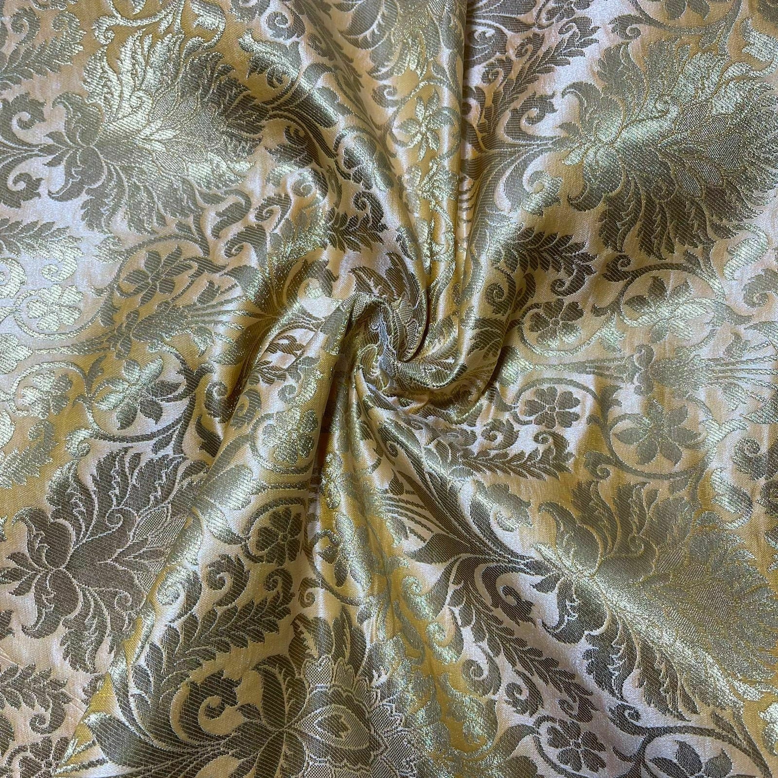 Floral Gold Leaf Damask Banarasi Brocade Fabric – Ornamental Metallic Indian Jacquard 44