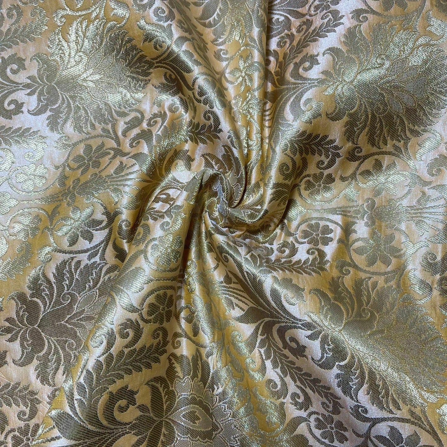 Floral Gold Leaf Damask Banarasi Brocade Fabric – Ornamental Metallic Indian Jacquard 44" Wide