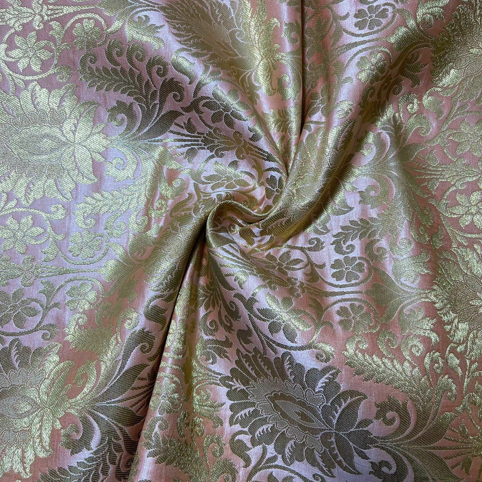Floral Gold Leaf Damask Banarasi Brocade Fabric – Ornamental Metallic Indian Jacquard 44