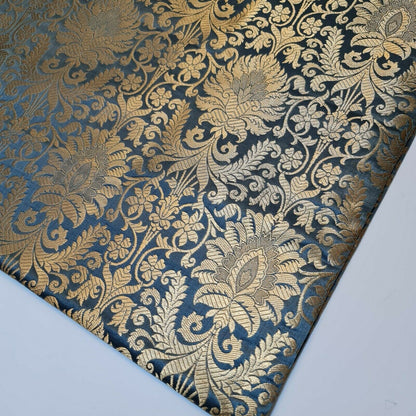 Floral Gold Leaf Damask Banarasi Brocade Fabric – Ornamental Metallic Indian Jacquard 44" Wide