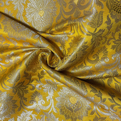 Floral Gold Leaf Damask Banarasi Brocade Fabric – Ornamental Metallic Indian Jacquard 44" Wide