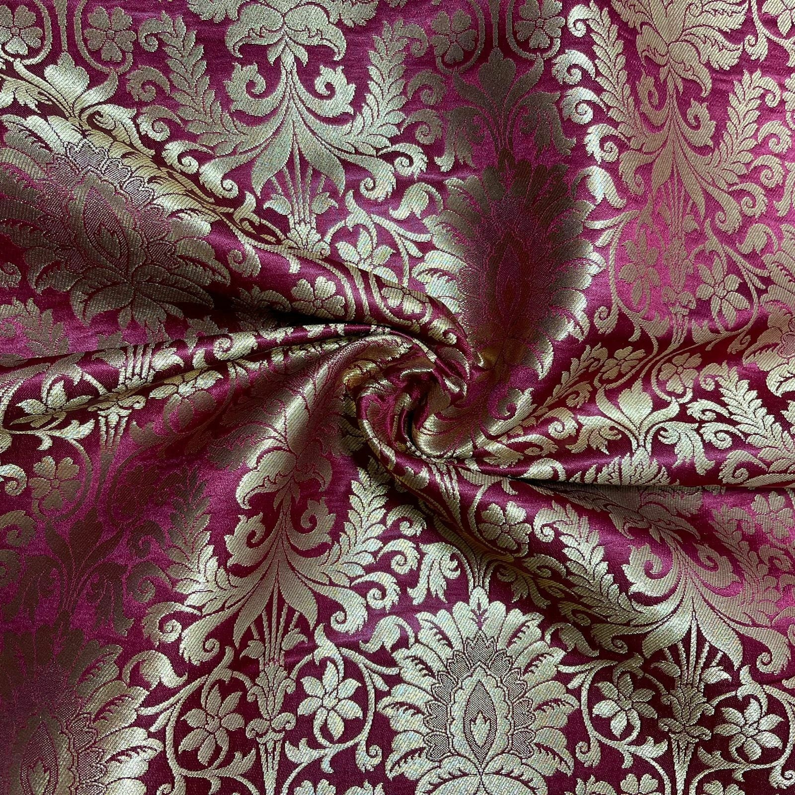 Floral Gold Leaf Damask Banarasi Brocade Fabric – Ornamental Metallic Indian Jacquard 44