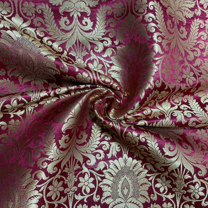 Floral Gold Leaf Damask Banarasi Brocade Fabric – Ornamental Metallic Indian Jacquard 44" Wide
