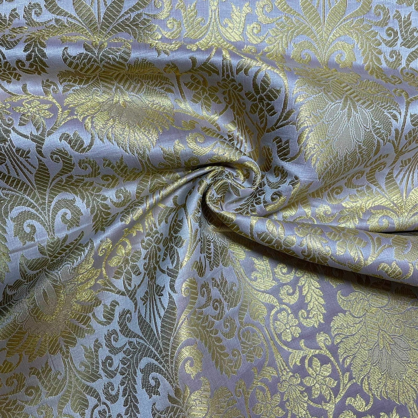 Floral Gold Leaf Damask Banarasi Brocade Fabric – Ornamental Metallic Indian Jacquard 44