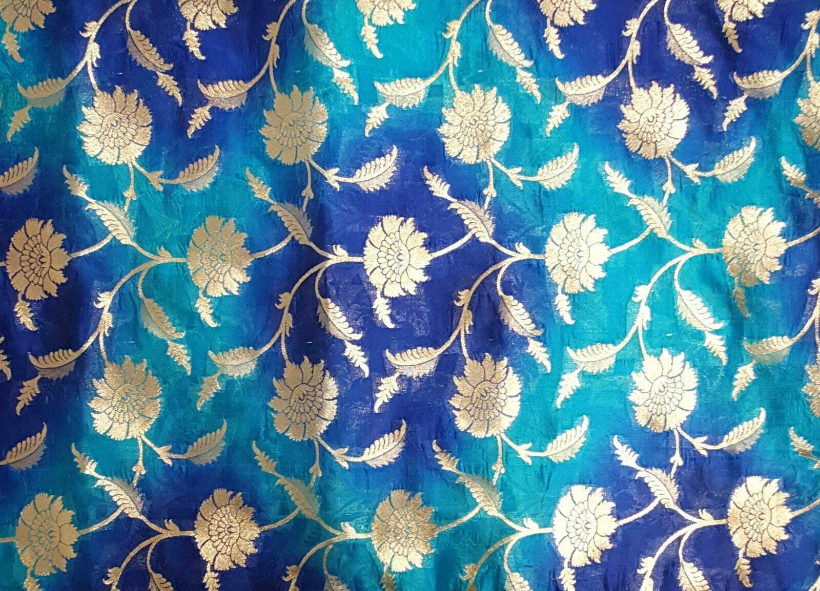 100% PURE Silk Tie Dyed Banarasi Indian Brocade Gold Zari Craft Dress Fabric 44