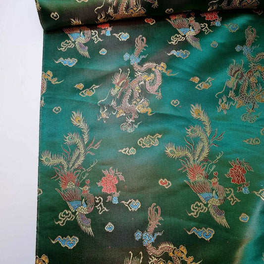 Traditional Chinese Embroidered Brocade Fabric – 36" Wide Poly Silky Satin Oriental Dragon & Floral Material by the Metre