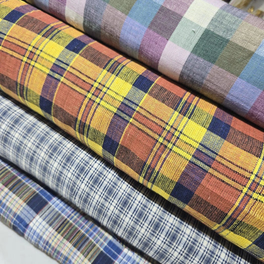 Madras Check Cotton Linen Fabric 44" | Lightweight Plaid Dressmaking Craft Material By The Metre