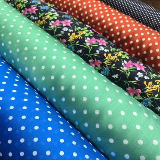 Yoryu Crinkle Satin Fabric 58" Wide Sold by the Metre | Polka Dot & Floral Dressmaking Fabric