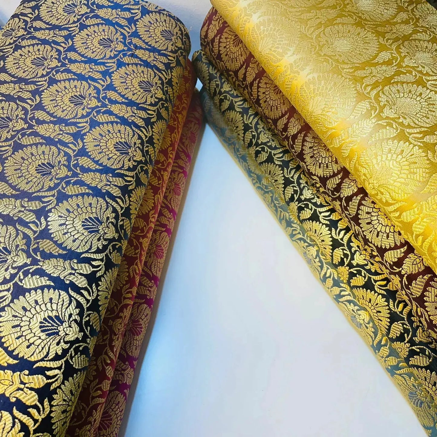 Indian Banarasi Brocade Fabric | Floral & Peacock Gold Metallic Design 44" (112cm) Wide Dress, Craft & Décor Material – Sold by the Meter