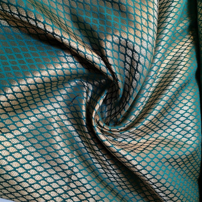 Ditsy Gold Leaf Print Brocade Fabric | 44" (112cm) Wide Premium Floral Jacquard Indian Banarasi Dress, Craft & Décor Material – Sold by the Metre  Jade Green