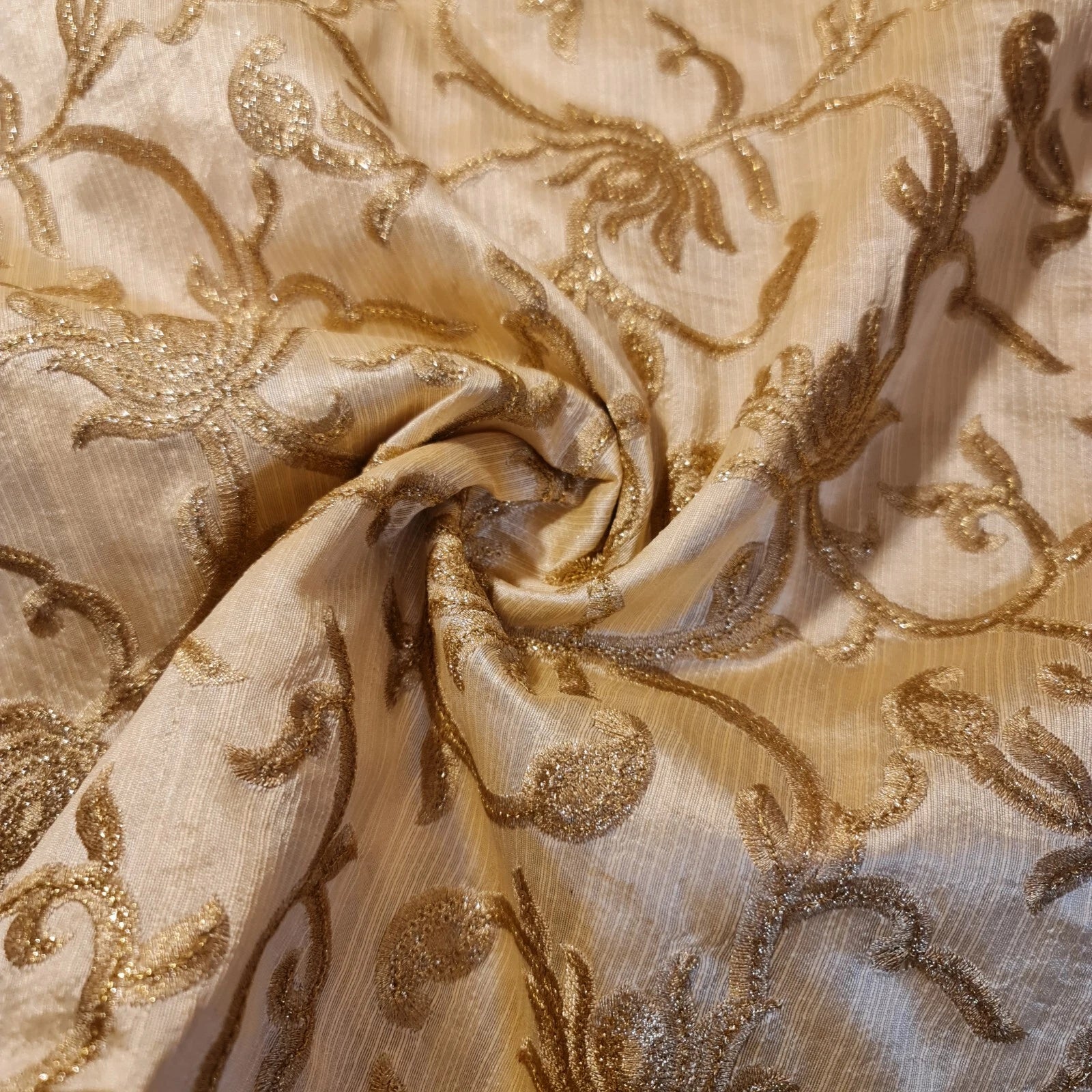 Luxury Faux Raw Silk Embroidered Fabric | Gold Floral Décor, Craft & Dressmaking Material 44