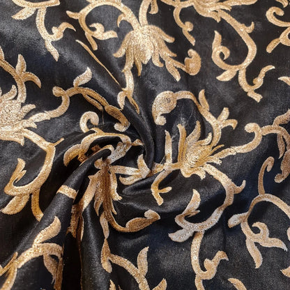 Faux Raw Silk Embroidered Fabric – Gold Floral 112cm (44") Wide Luxury Dress & Décor Material by the Metre