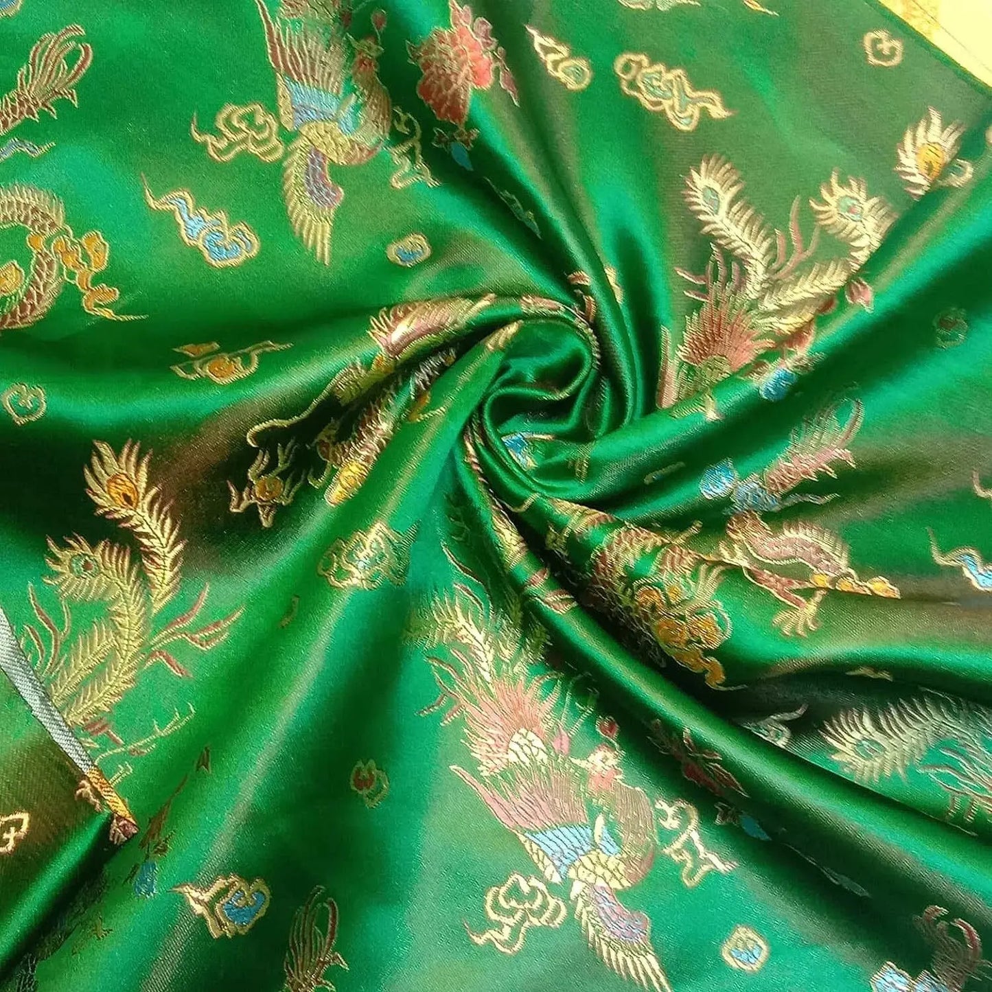 Traditional Chinese Embroidered Brocade Fabric | 36" (91cm) Wide Poly Silky Satin Oriental Dragon & Floral Material – Sold by the Metre