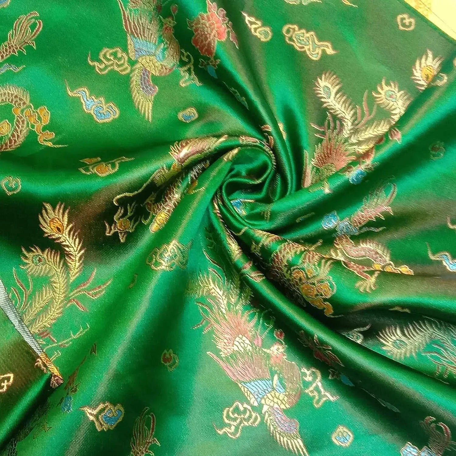 Traditional Chinese Embroidered Brocade Fabric | 36" (91cm) Wide Poly Silky Satin Oriental Dragon & Floral Material – Sold by the Metre