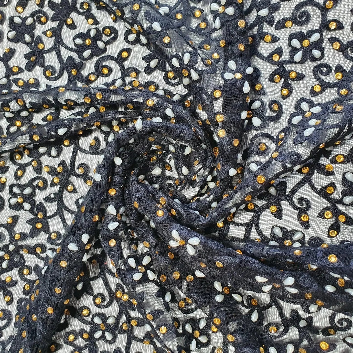 Premium Mesh Net Fabric | 44" (112cm) Wide Floral Thread Embroidery with Diamante & Pearl Embellishment for Dressmaking & Crafts – Sold by the Metre