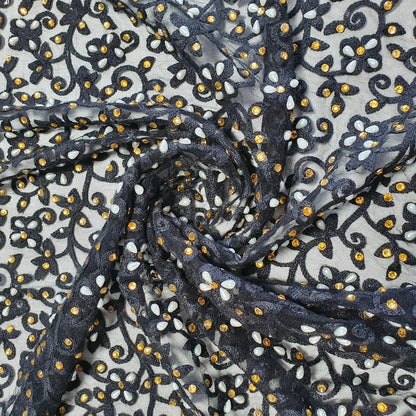 Premium Mesh Net Fabric | 44" (112cm) Wide Floral Thread Embroidery with Diamante & Pearl Embellishment for Dressmaking & Crafts – Sold by the Metre