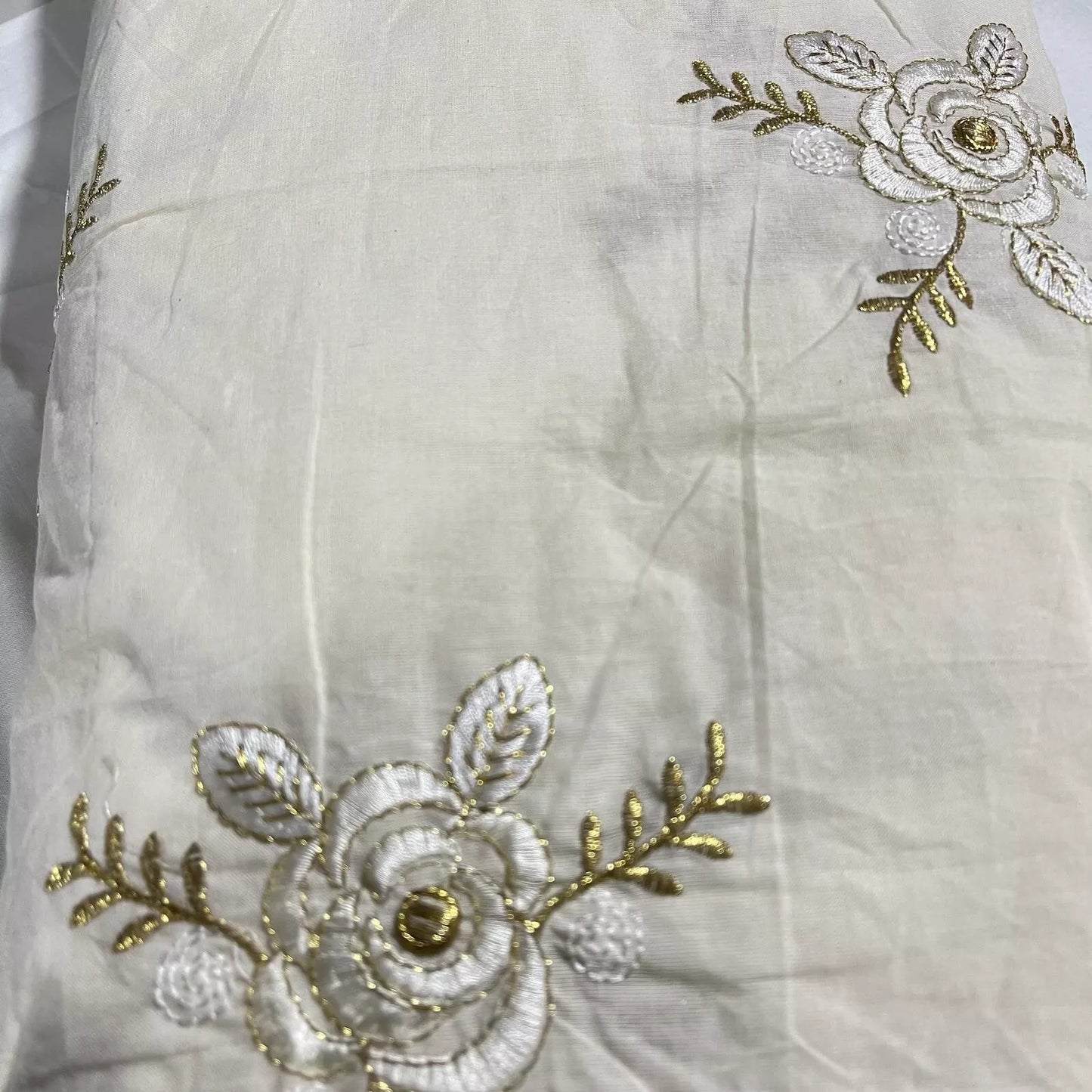 Raw Cotton Floral Embroidery Fabric with Golden Zari | 44" (112cm) Wide Dyeable Dress & Craft Material – Sold by the Meter