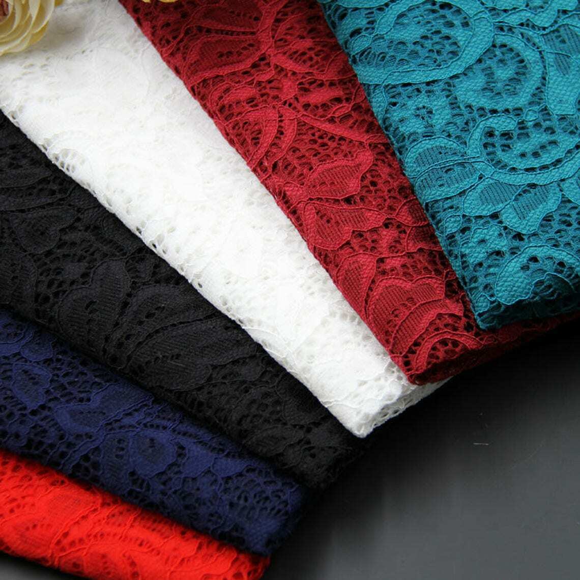 Floral Bridal Lace Fabric – 58" Wide Polyester Mesh & Elastane Blend Dress Material by the Meter