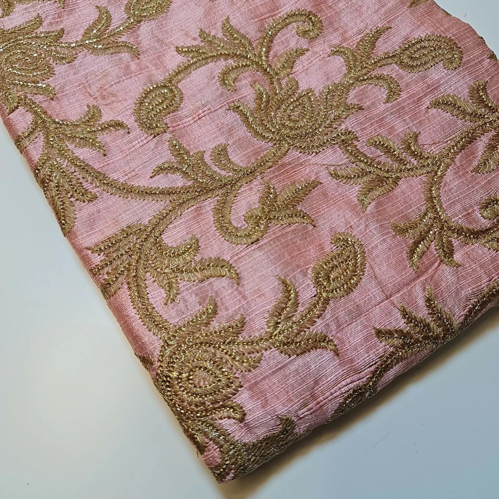 Luxury Faux Raw Silk Embroidered Fabric – Gold Floral Décor, Craft & Dress Material (44