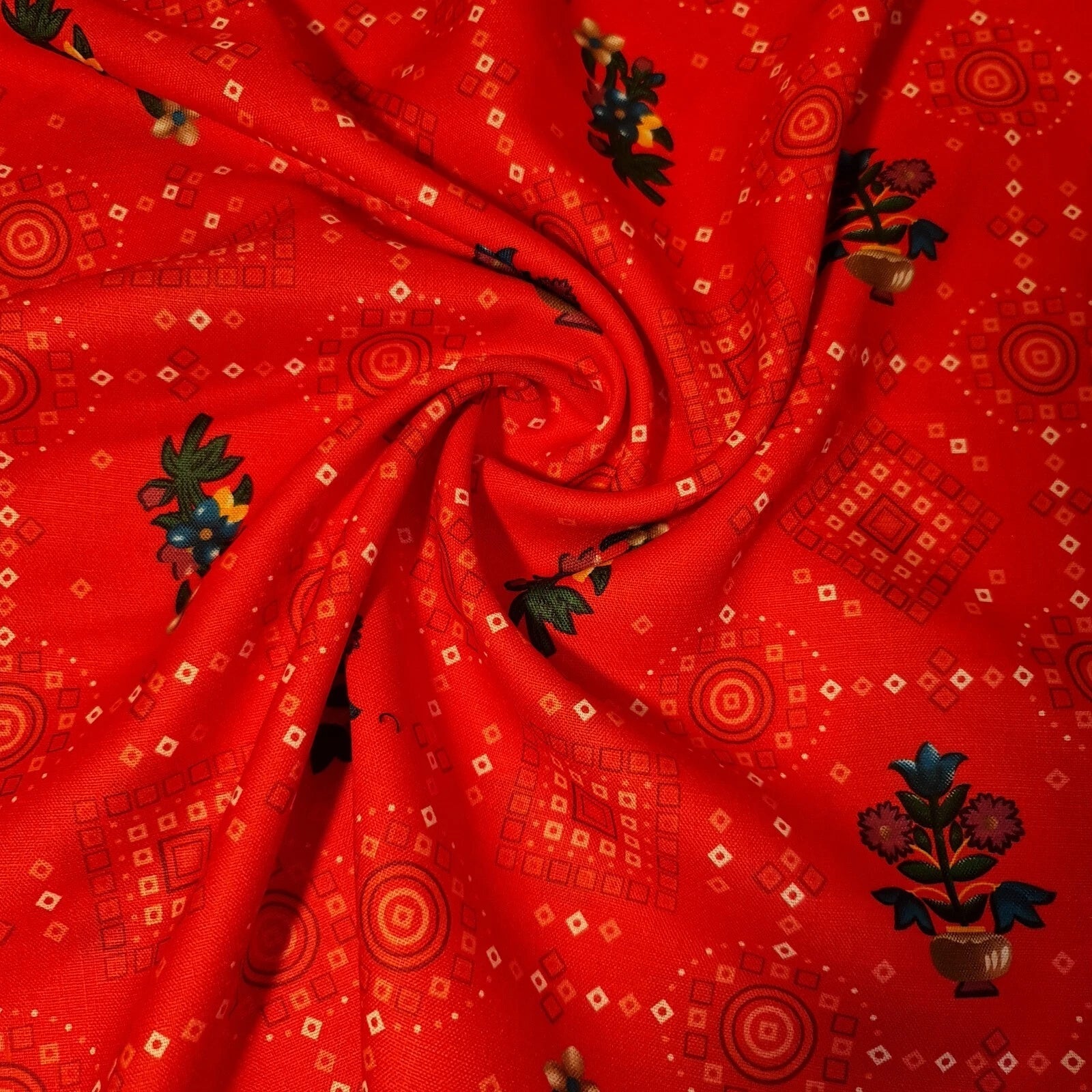 Cotton Viscose Rajasthani Ethnic Print Fabric | Suzani, Rangoli & Boho Banjara Designs – 44" (112cm) Wide Soft Dressmaking & Craft Material – Sold by the Metre  Red