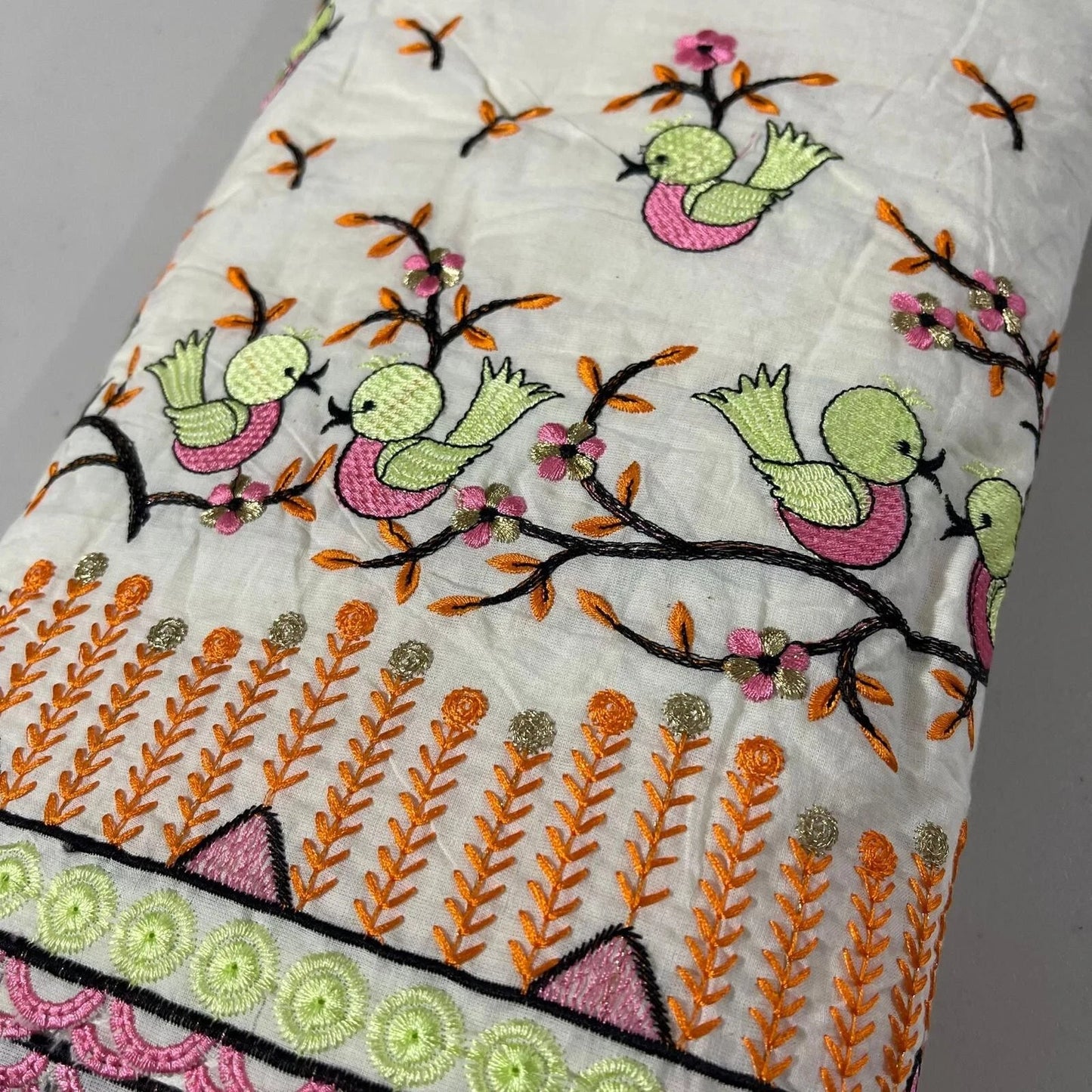 Raw Cotton Floral Embroidery Fabric with Golden Zari | 44" (112cm) Wide Dyeable Dress & Craft Material – Sold by the Meter