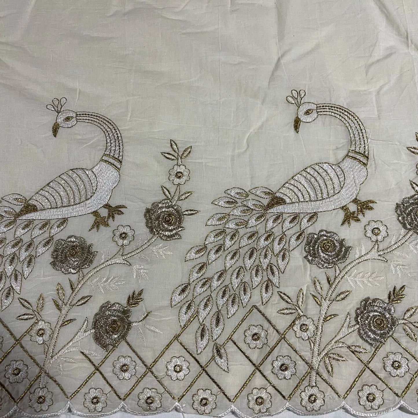 Raw Cotton Floral Embroidery Fabric with Golden Zari | 44" (112cm) Wide Dyeable Dress & Craft Material – Sold by the Meter