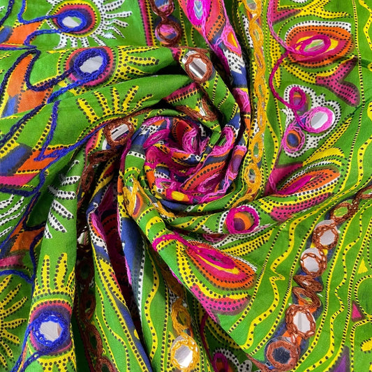 Green Cotton Lawn Indian Ethnic Mirror Embroidery Rangoli Boho Banjara Fabric 44″