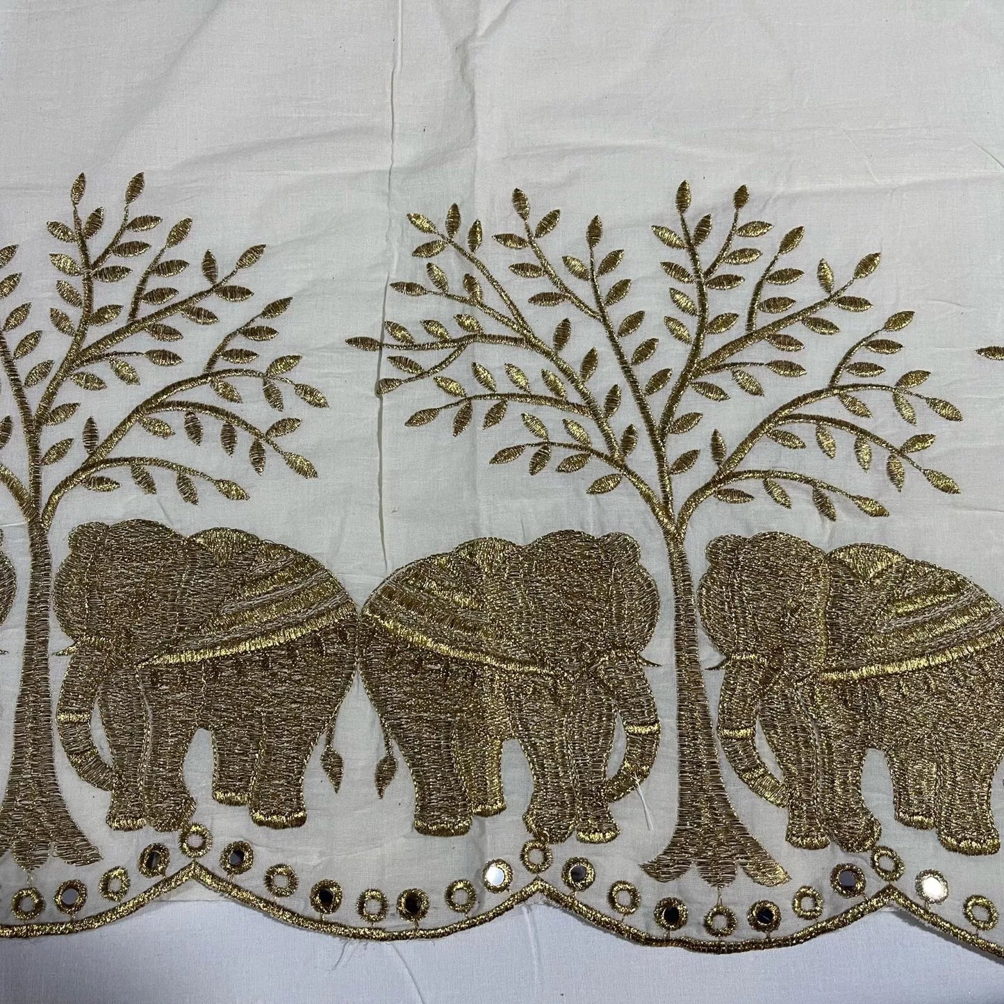 Raw Cotton Floral Embroidery Fabric with Golden Zari | 44" (112cm) Wide Dyeable Dress & Craft Material – Sold by the Meter