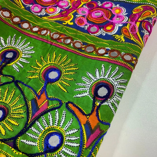 Green Cotton Lawn Indian Ethnic Mirror Embroidery Rangoli Boho Banjara Fabric 44″