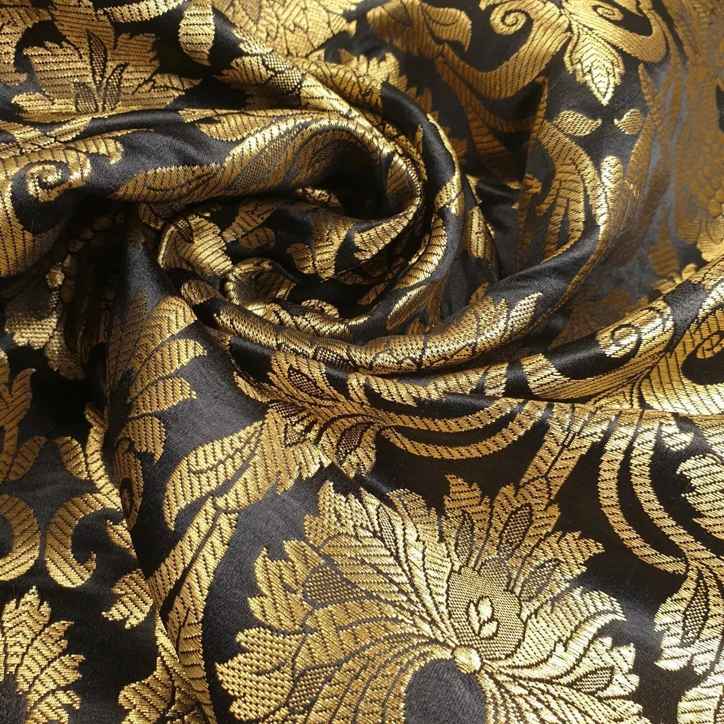 Ornamental Floral Gold Metallic Indian Banarasi Brocade Fabric | 44" (112cm) Wide Dressmaking & Craft Material – Sold by the Metre
