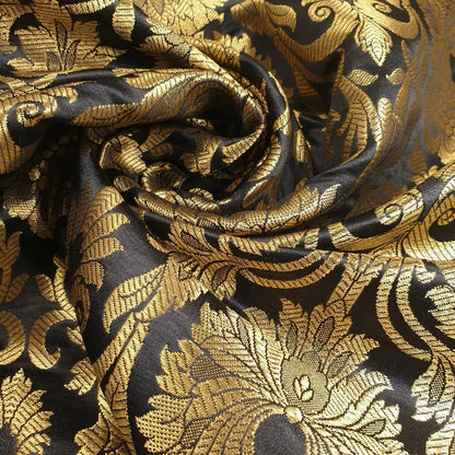 Ornamental Floral Gold Metallic Indian Banarasi Brocade Fabric | 44" (112cm) Wide Dressmaking & Craft Material – Sold by the Metre