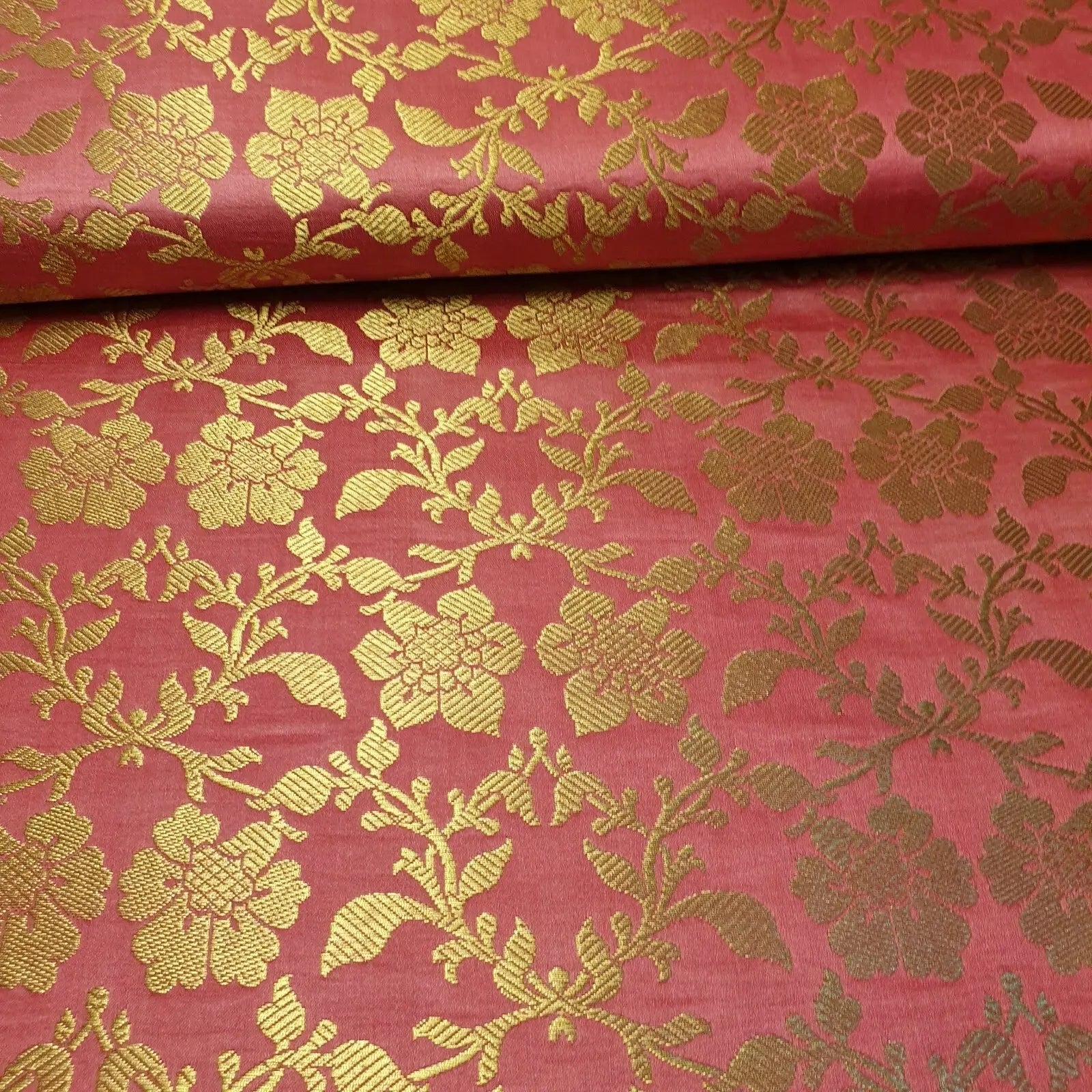 Indian Banarasi Brocade Fabric | Ornamental Floral Gold Metallic Design 44" (112cm) Wide Dress, Craft & Décor Material – Sold by the Meter