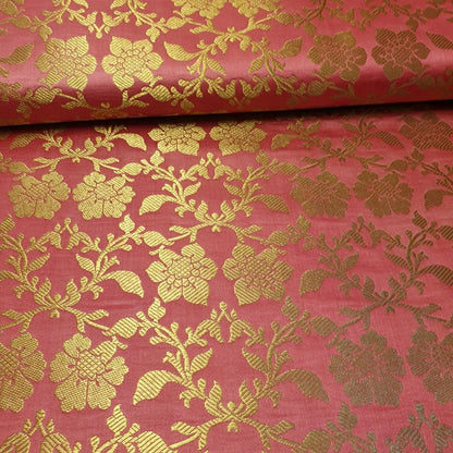 Indian Banarasi Brocade Fabric | Ornamental Floral Gold Metallic Design 44" (112cm) Wide Dress, Craft & Décor Material – Sold by the Meter