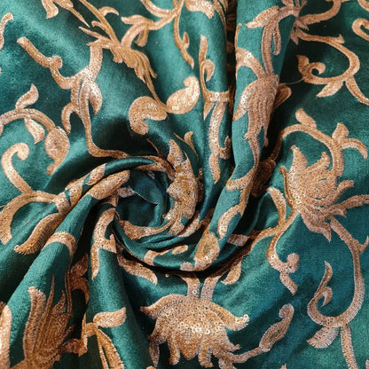 Faux Raw Silk Embroidered Fabric – Gold Floral 112cm (44") Wide Luxury Dress & Décor Material by the Metre