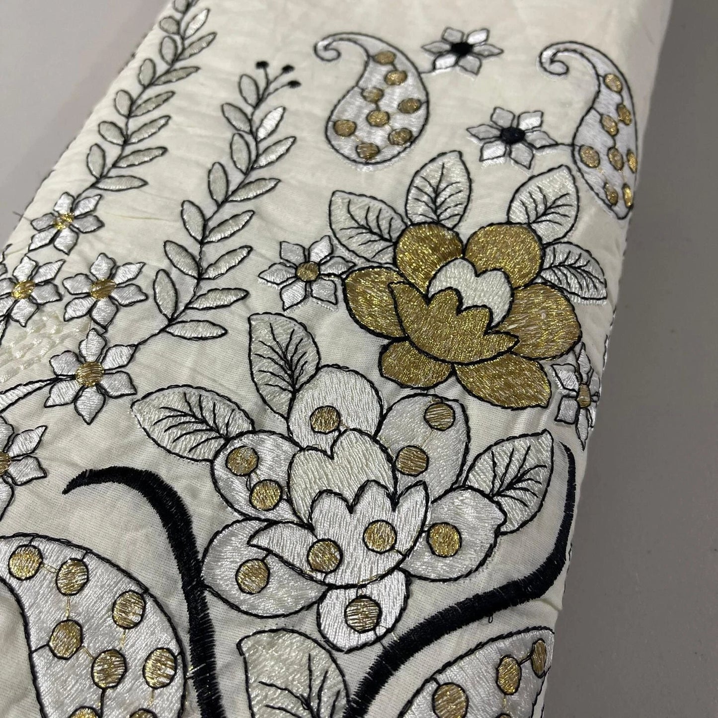 Raw Cotton Floral Embroidery Fabric with Golden Zari | 44" (112cm) Wide Dyeable Dress & Craft Material – Sold by the Meter