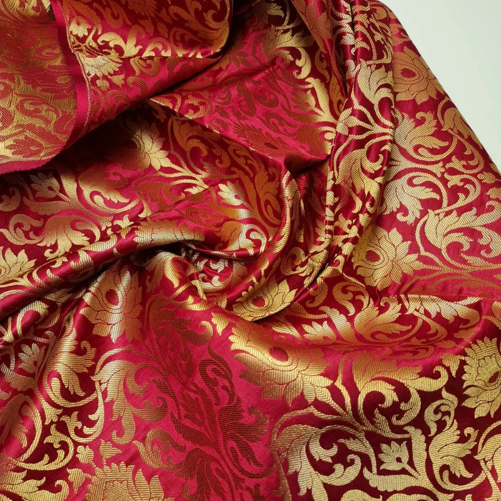 Luxurious Floral Banarasi Brocade Fabric | Premium Indian Gold Metallic Jacquard Woven Material 44