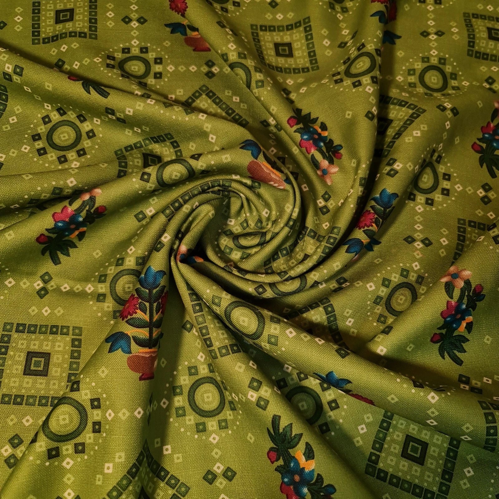 Cotton Viscose Rajasthani Ethnic Print Fabric | Suzani, Rangoli & Boho Banjara Designs – 44" (112cm) Wide Soft Dressmaking & Craft Material – Sold by the Metre  Apple Green